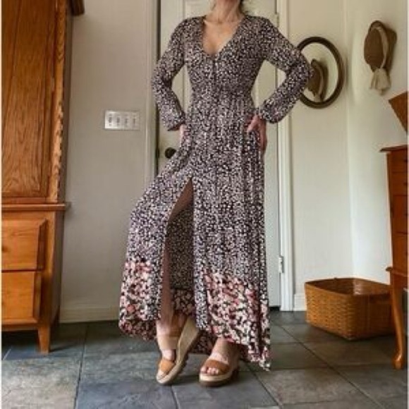 Billabong Allegra Kimono Dark Brown and Cream Maxi Dress Size XS - Picture 1 of 7